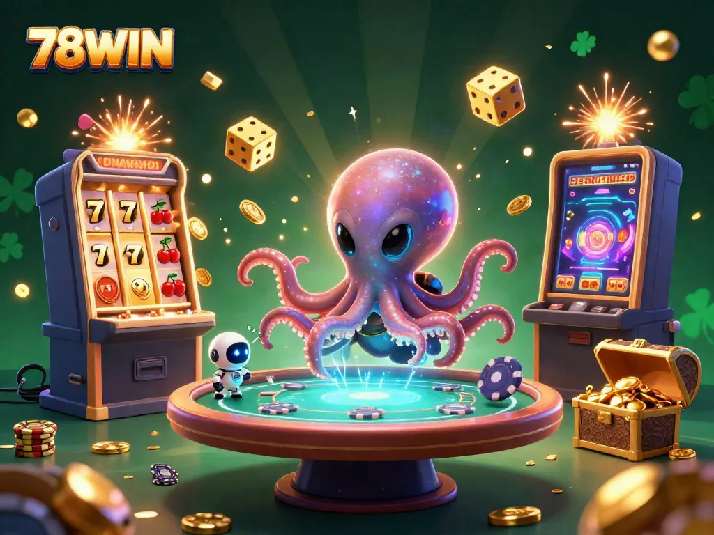 Experience thrilling gameplay at 78WIN with an alien octopus playing poker, surrounded by jackpot slots.
