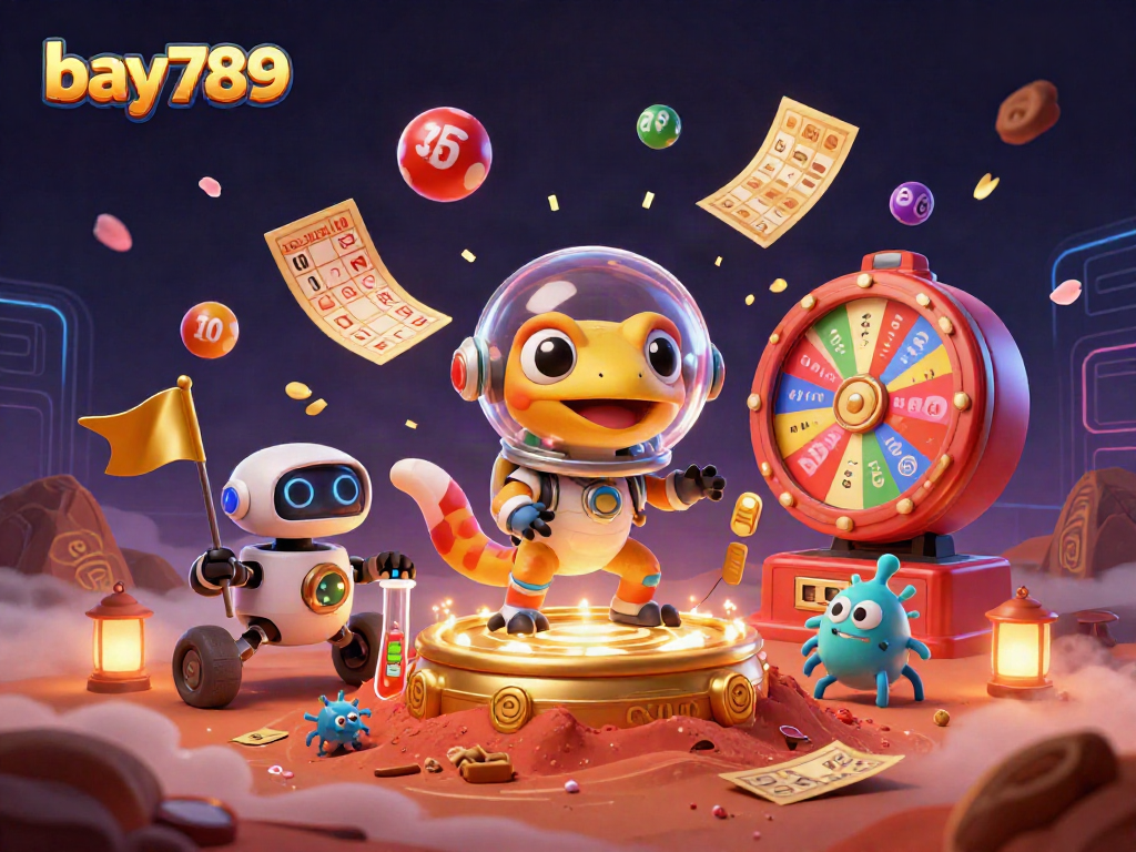 Engage with bay789's exciting golden casino scene featuring a Martian gecko and colorful dynamic elements.