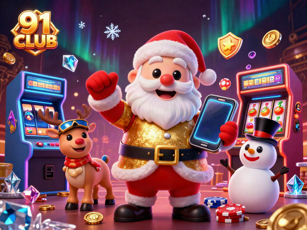 Experience the thrill of 91 CLUB with Santa and friends amidst vibrant casino action.