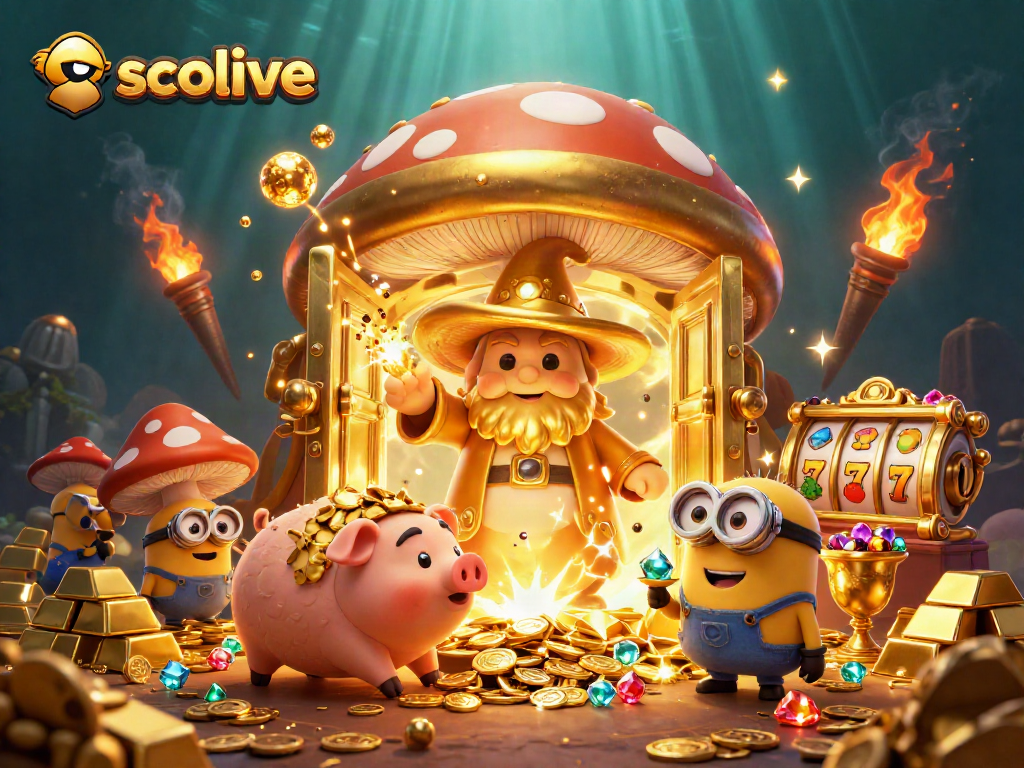 Experience the magic of socolive as the golden mushroom wizard conjures treasure in a vibrant casino scene.
