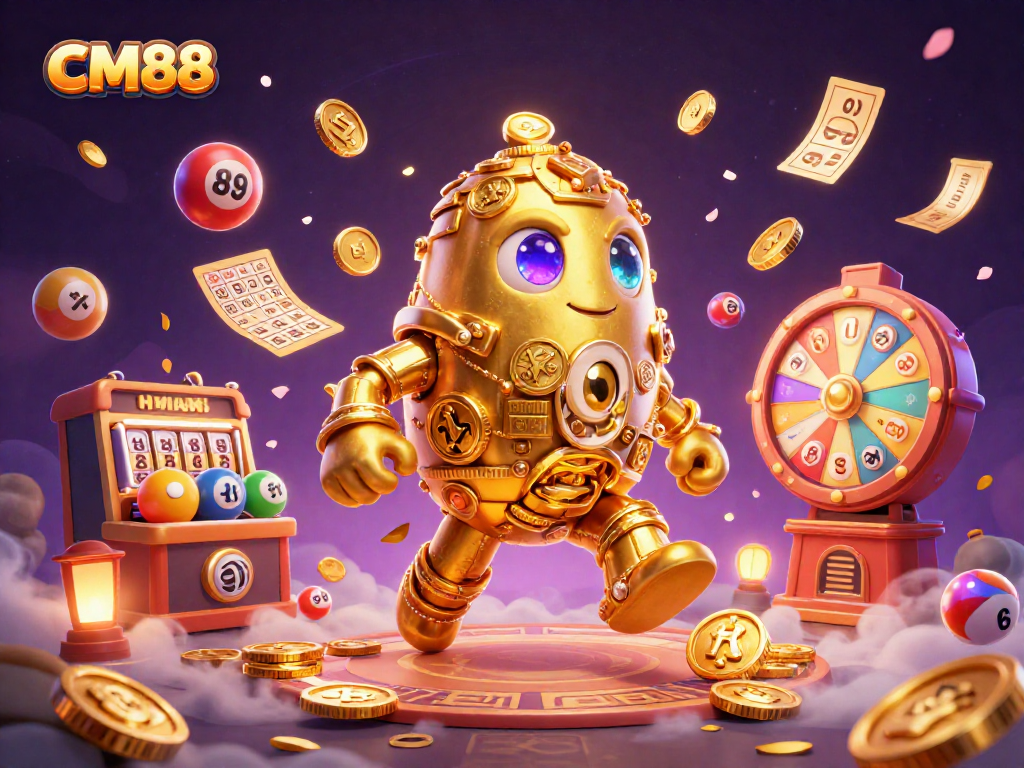 Experience thrilling gaming at CM88 with vibrant lottery balls, a golden golem, and exciting casino elements.