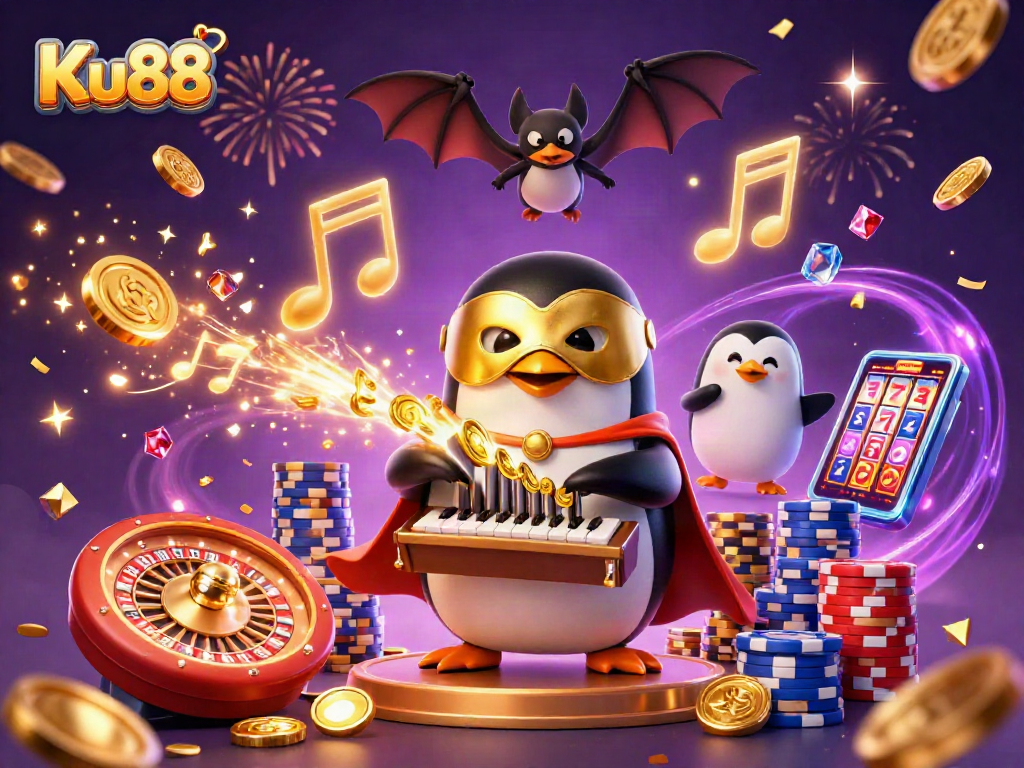 Engage with Ku88's exciting casino scene featuring a penguin playing a golden organ while coins cascade.