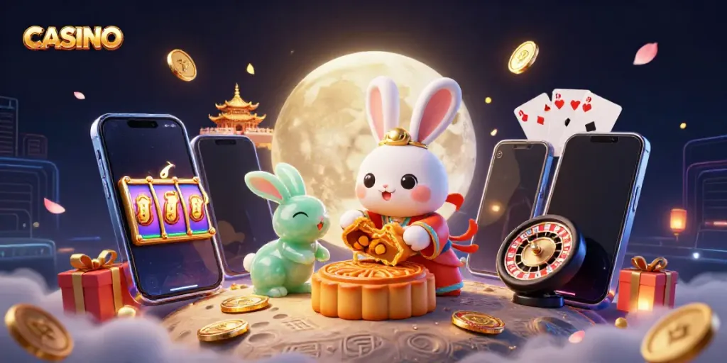 Engage with this CASINO illustration of a moon rabbit featuring poker chips, game elements, and a mystical atmosphere.