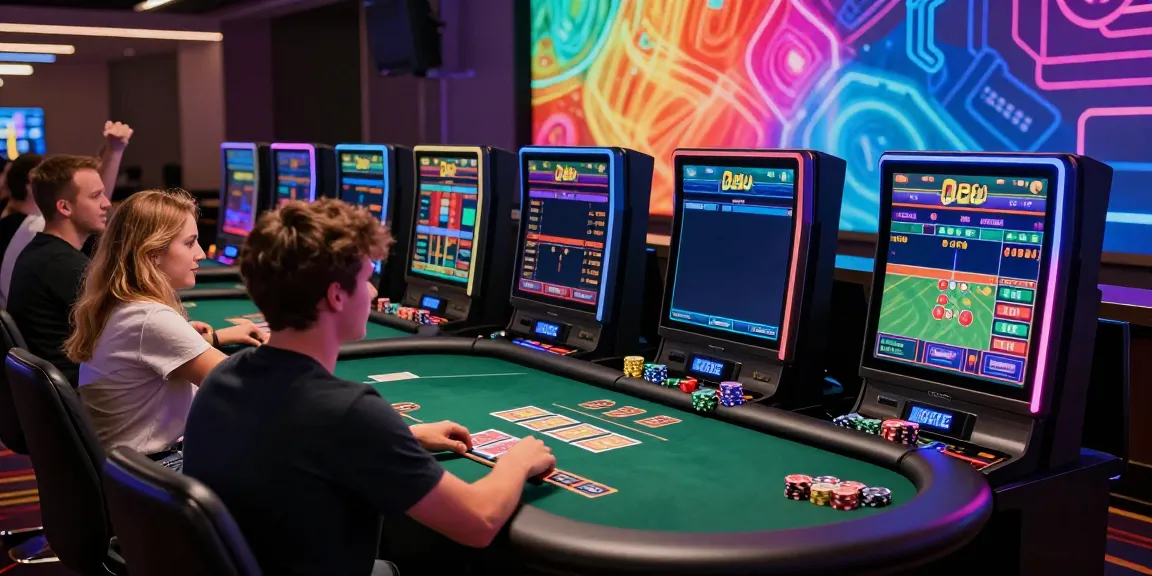 Players enjoying the thrilling experience at vin88 online casino, celebrating wins at modern gaming terminals.