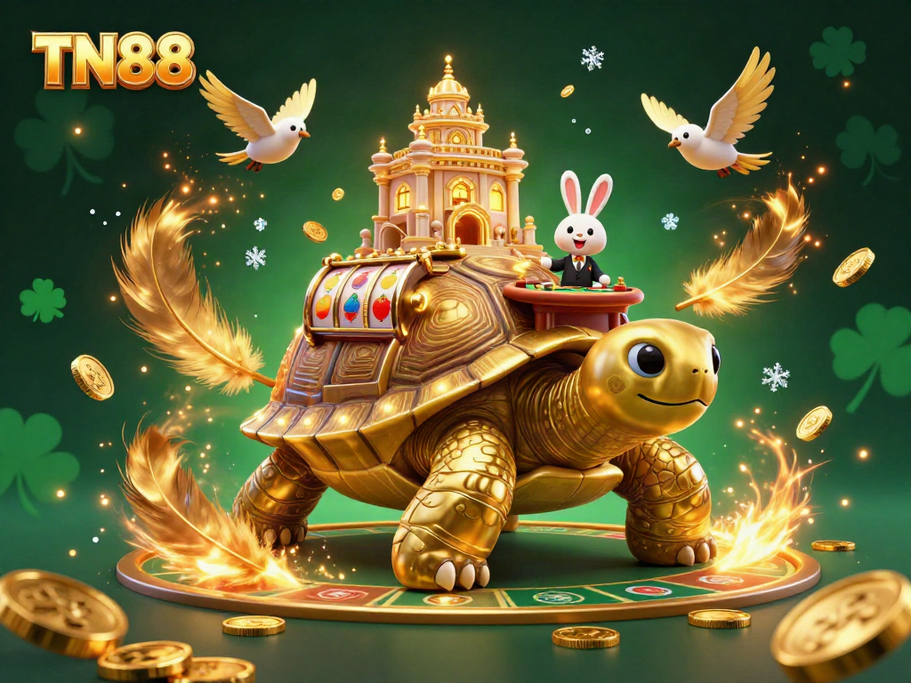 Experience the vibrant TN88 casino world with a golden tortoise and rabbit dealer amidst dynamic game elements.