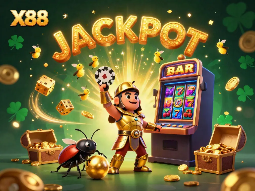 X88-themed vibrant 3D illustration featuring beetles celebrating a jackpot in a rich casino setting.