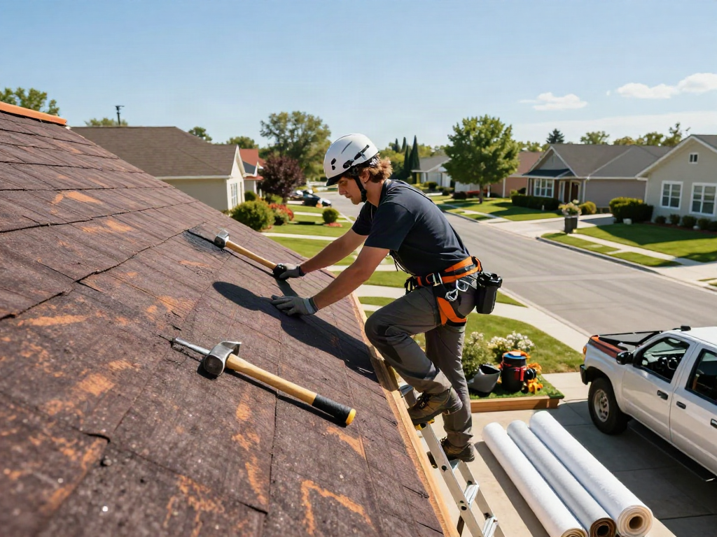 Roofer inspecting a felt roof installation at a residential property, showcasing necessary tools and suburban setting.