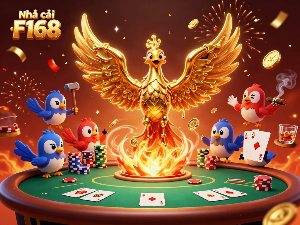 Immerse in the vibrant world of Nhà cái F168 with a molten golden phoenix and poker elements!