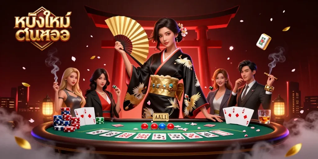 Engage in thrilling gambling adventures with หนังใหม่ชนโรง set against an elegant backdrop of poker chips and sakura petals.