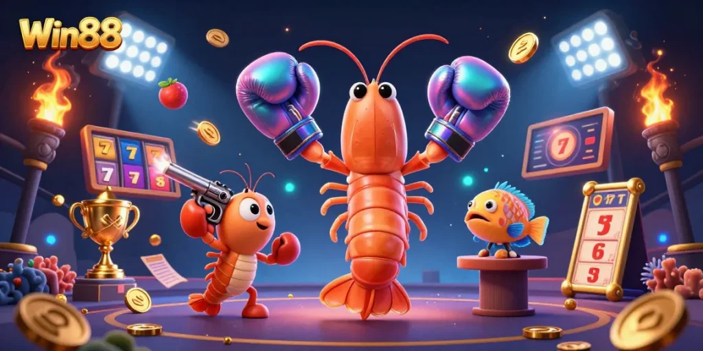 Experience Win88's vibrant online slots with playful, cartoonish characters in a packed casino scene.