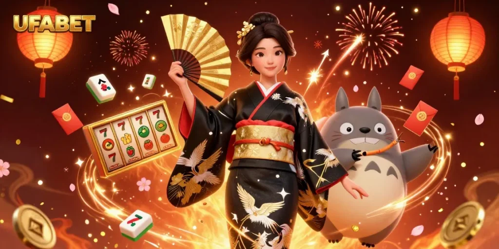 Experience thrilling gameplay at UFABET with dynamic slot reels, festive elements, and captivating characters.