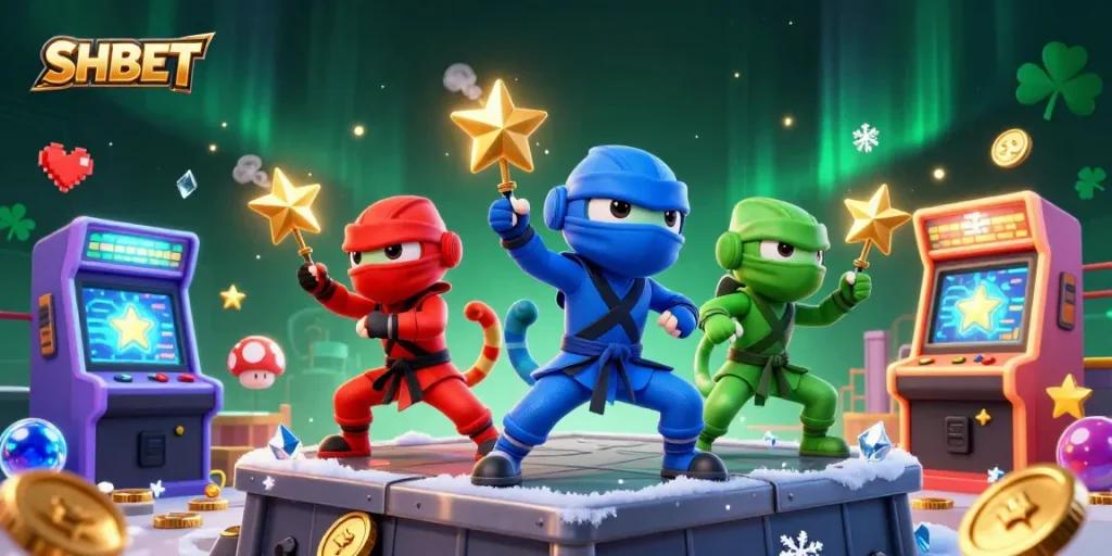 Join the excitement at SHBET with colorful chameleon ninjas amidst vibrant casino elements.