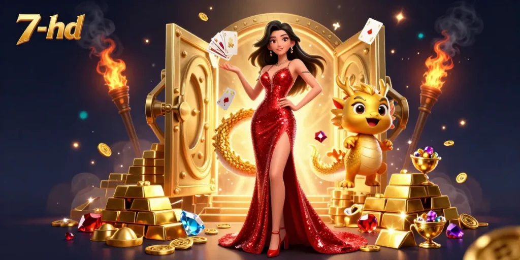 Catch thrilling wins with 7-hd as our stunning mascot entertains amidst gold and jewels!