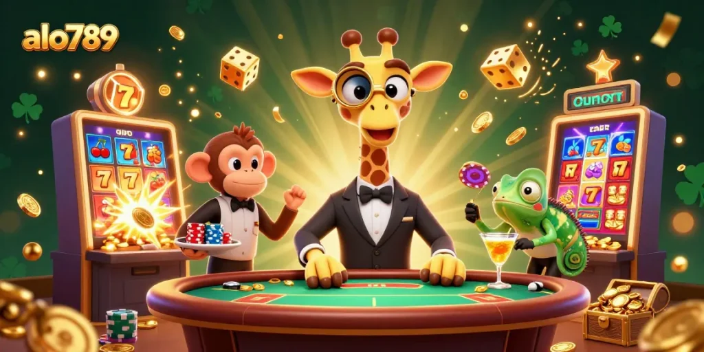 A vibrant scene showcasing alo789's exciting casino atmosphere with colorful characters and gaming elements.
