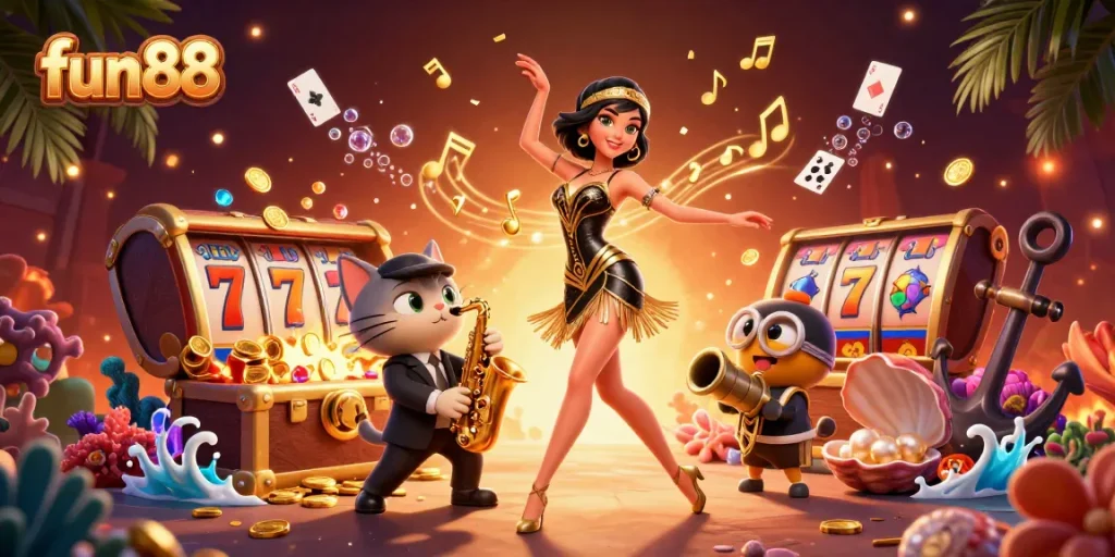 Experience the excitement of fun88 with vibrant 3D casino scenes featuring thrilling slot reels and colorful gems.