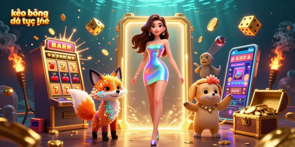 Experience kèo bóng đá trực tuyến with vibrant illustrations showing dynamic betting scenes and casino excitement.