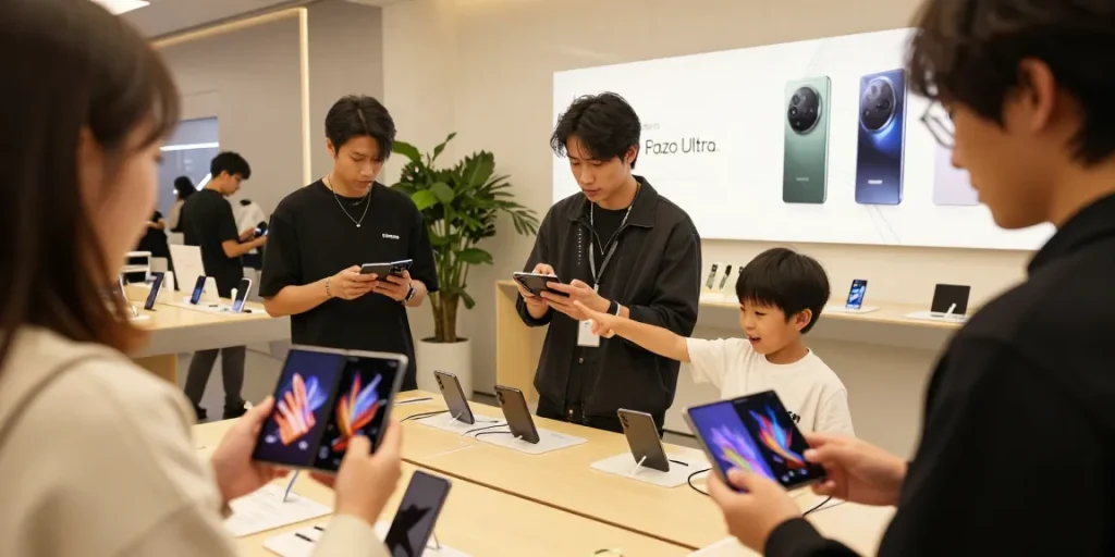 People exploring foldable phones 2026 in a modern tech showroom with vibrant displays and innovative designs.