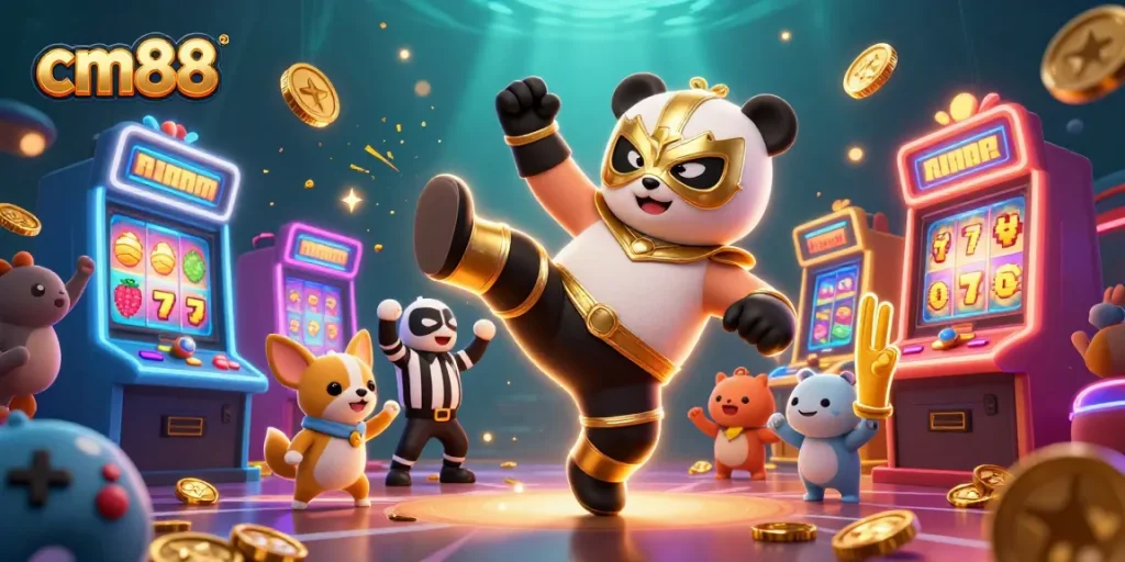 Engage with cm88's vibrant online slots as a cartoon panda wrestler performs a dynamic flying kick.