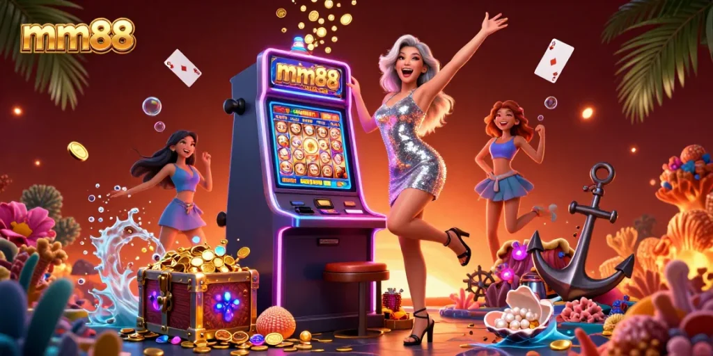 Experience the excitement of mm88 with a celebratory jackpot scene and vibrant casino elements.