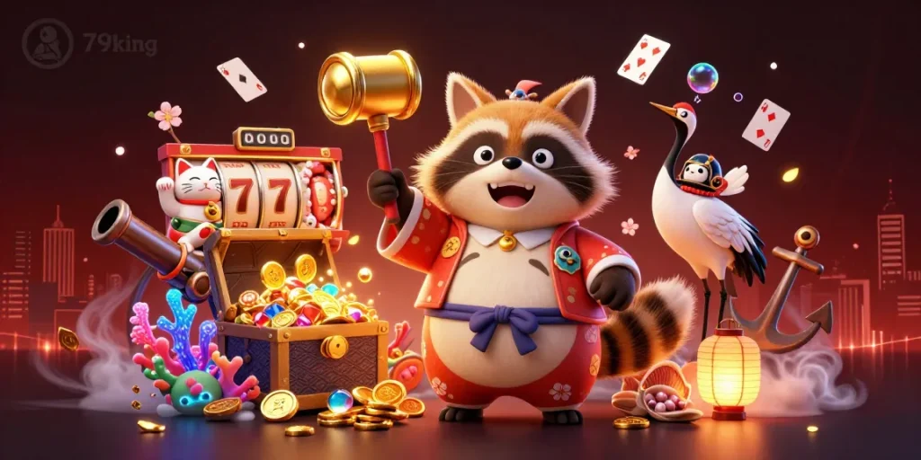 Engage with the 79king casino experience featuring a smiling tanuki amidst colorful treasures and lucky symbols.