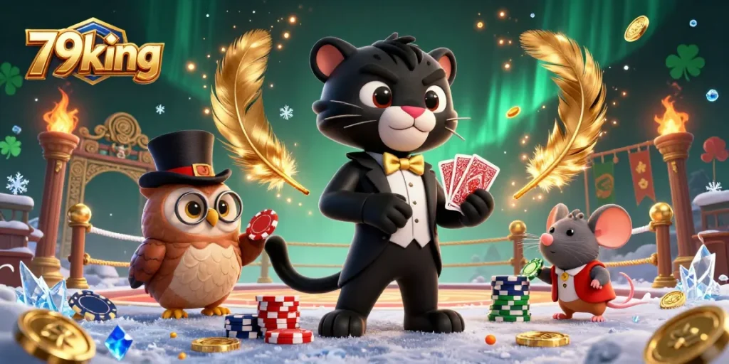 Engage with 79king in a lively casino scene with characters, cards, and vibrant gambling elements.