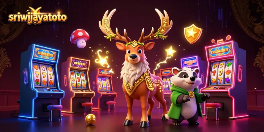 Sriwijayatoto showcases vibrant 3D gaming characters amid slot machines, set to enhance your casino experience.