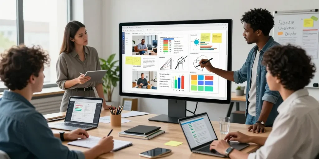 Collaborative team brainstorming on the google mixboard in a modern workspace.