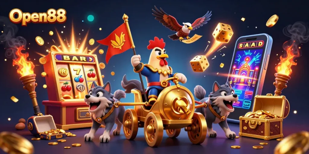 Experience the exciting world of Open88 with a dynamic illustration of casino elements and adventures.