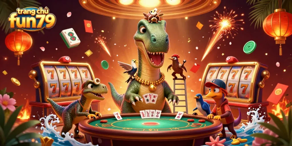 Experience vibrant gaming thrills at trang chủ fun79 with a whimsical dinosaur-themed digital illustration.