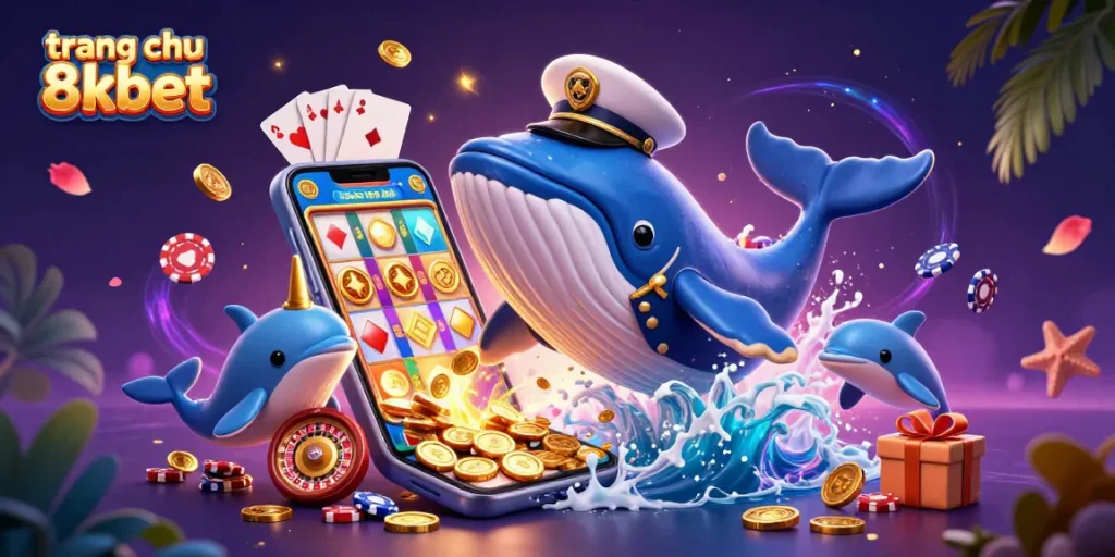 Engage with the vibrant world of trang chu 8xbet featuring a cartoon whale, dolphins, poker chips, and dynamic slot games.