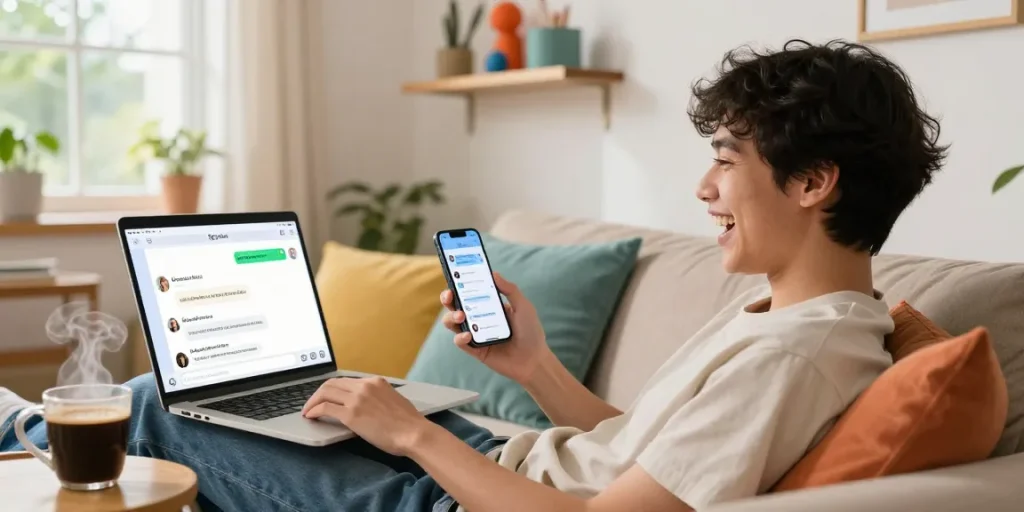 Engaging with SpicyChat AI on a smartphone in a cozy living room setting.