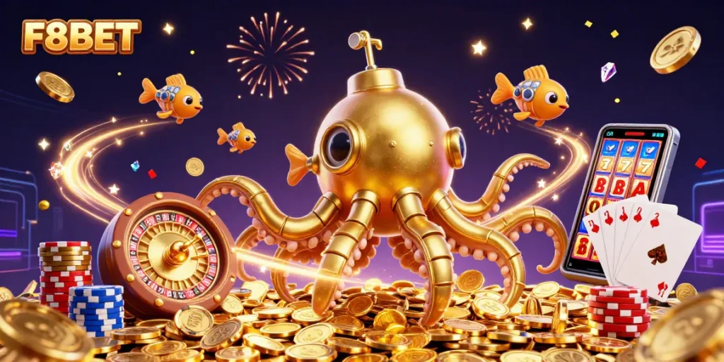 Experience the thrill of F8BET with a vivid 3D illustration showcasing a golden kraken and vibrant casino games.