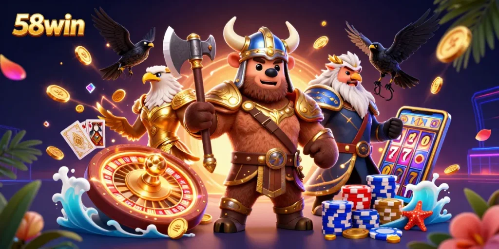 Engage with 58win's thrilling casino experience featuring vibrant characters and dynamic gambling elements.