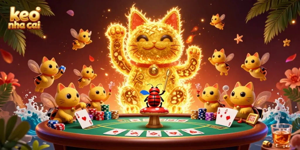 Engage in the excitement of keo nha cai while witnessing a magical scene with a lucky cat and casino symbols.