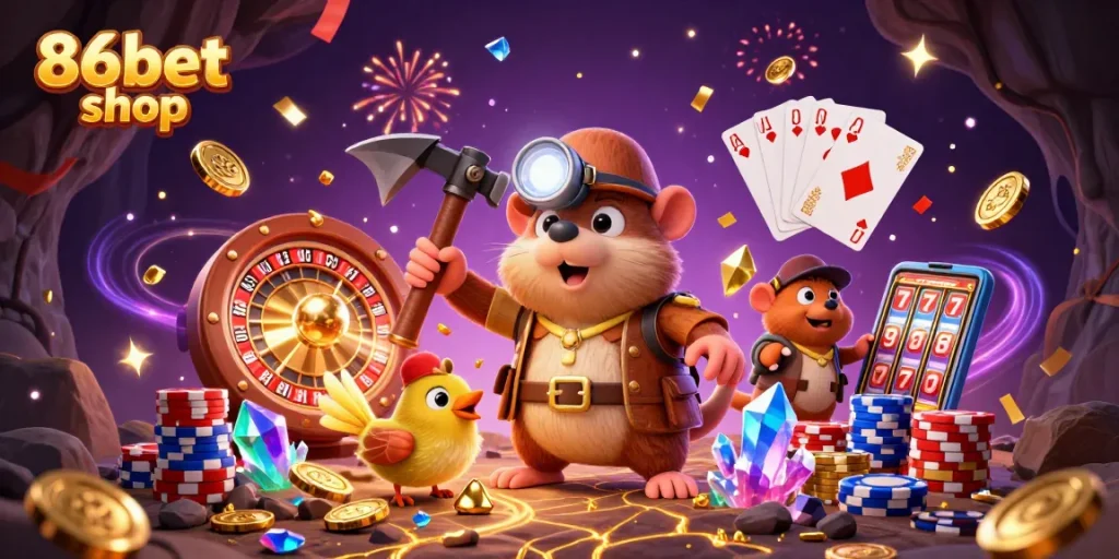 Engage in thrilling gaming at 86bet shop with a vibrant 3D illustration featuring cartoon characters amidst cascading coins and jewels.
