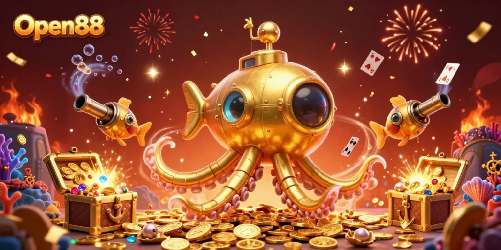 Open88 players enjoying massive winnings amid a vibrant underwater scene filled with treasures.
