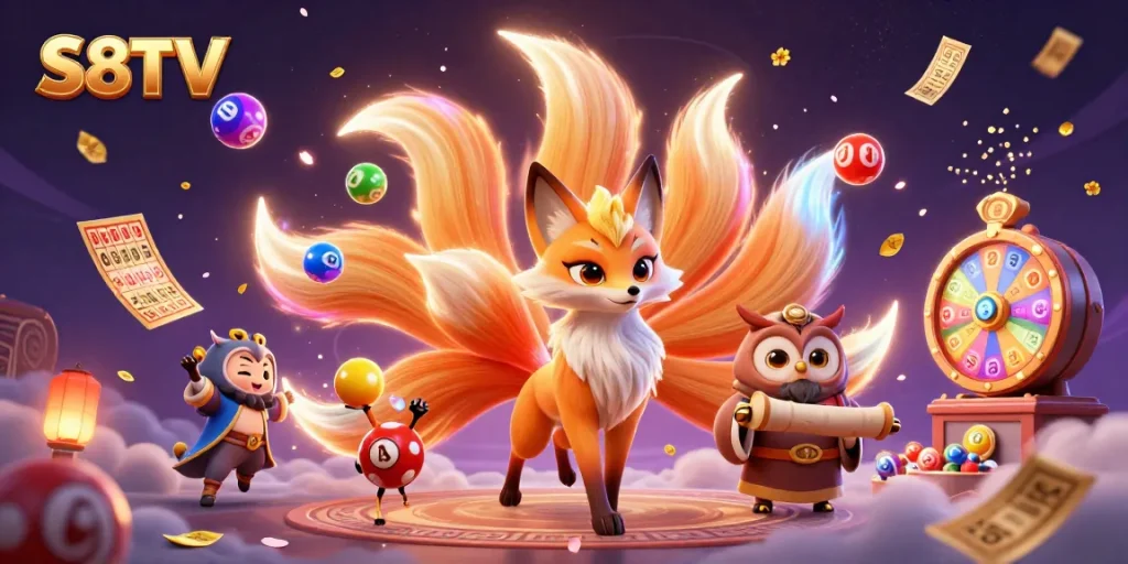 S8TV delivers engaging experiences with a 3D fox spirit and colorful lottery elements in vibrant casino art.
