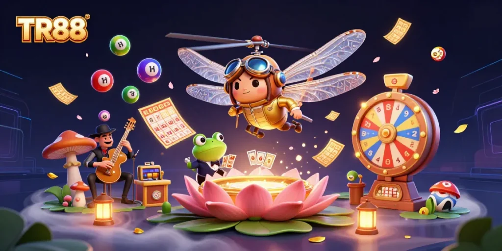 Experience TR88 excitement as a dragonfly pilot handles a lily pad casino with vibrant gaming elements.