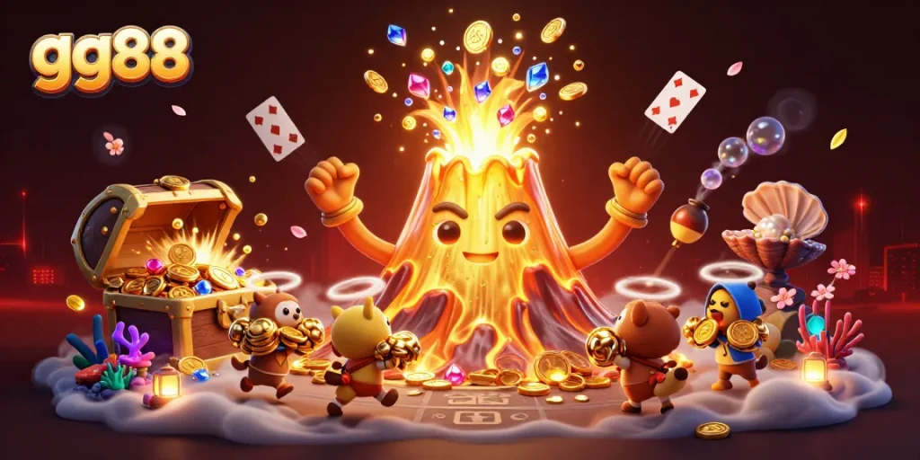 Experience exciting win moments at gg88 with a triumphant volcano erupting treasure in this lively casino scene.