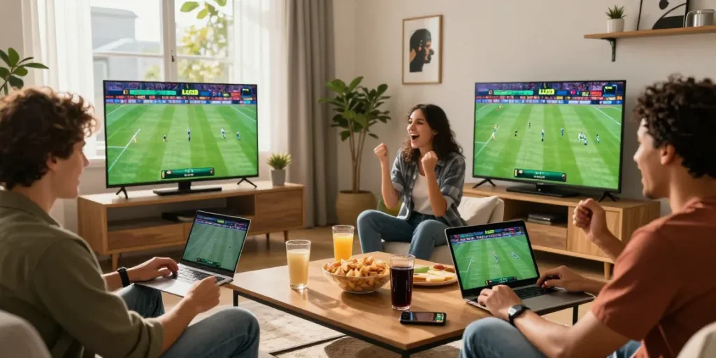 Friends celebrating sports betting on LUCK8 platform at home with lively atmosphere and modern decor.