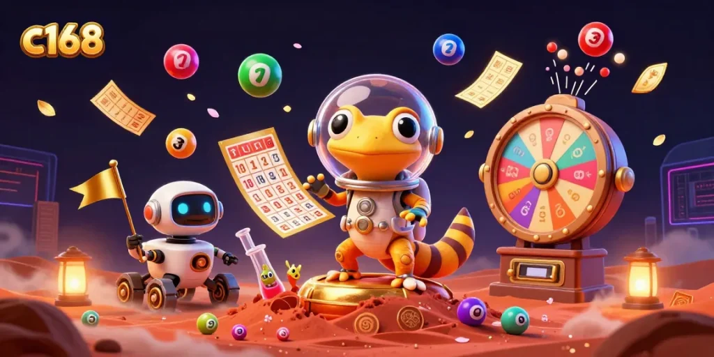 C168 Martian gecko discovers golden casino with colorful lottery elements in a vibrant alien scene.