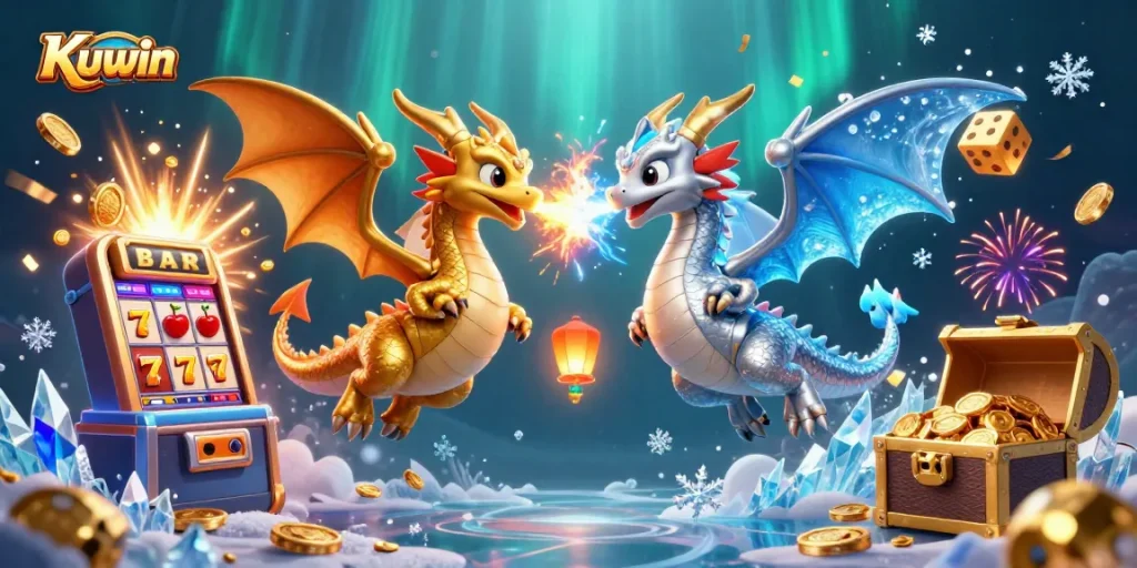 Kuwin enhances gaming with thrilling dragons and casino riches in a vibrant illustration.