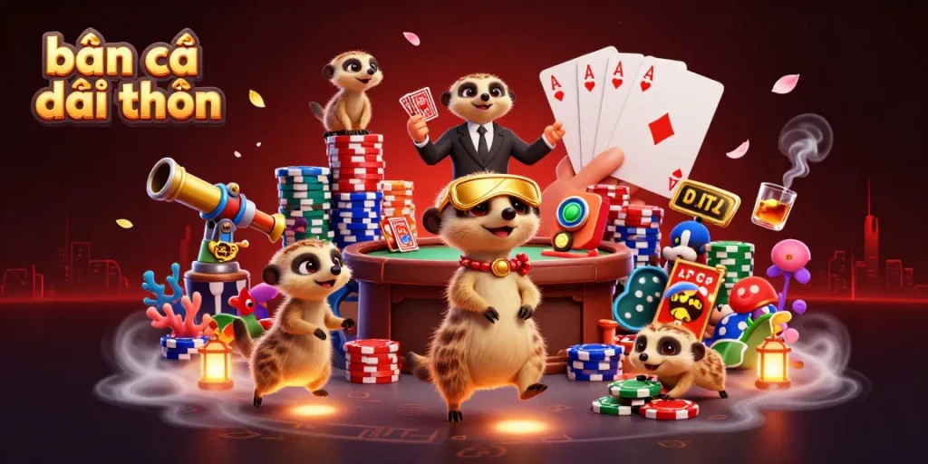 Bắn cá đổi thưởng showcases a lively casino scene with meerkats, fish cannons, and vibrant underwater elements.