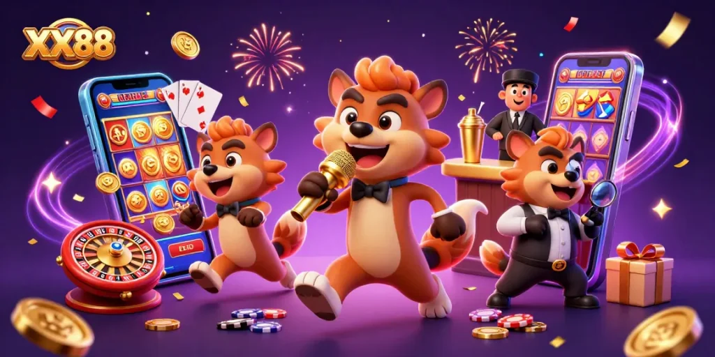Engage in the fun at XX88 casino with animated hyenas creating a lively atmosphere full of games.