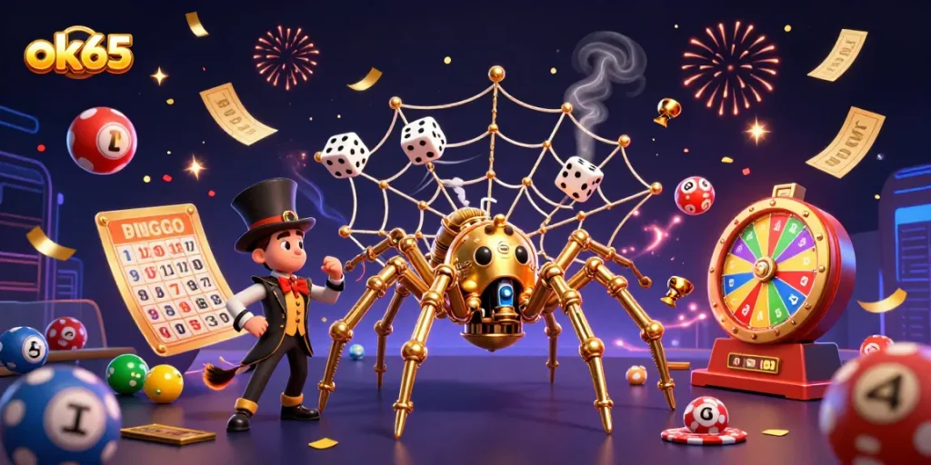 Engage in thrilling casino action with ok65 amidst vibrant lottery balls and celebratory confetti.