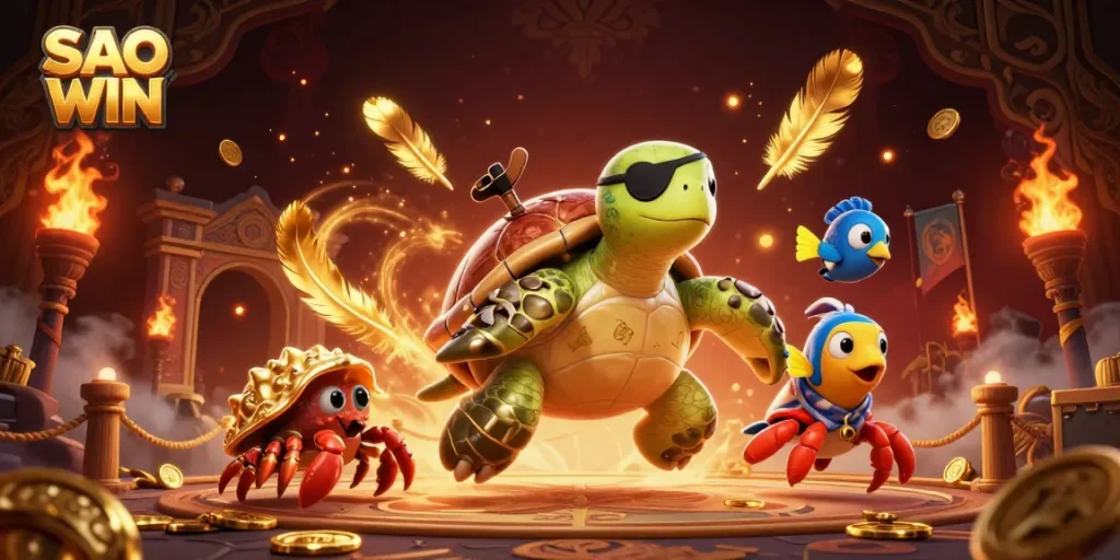 Spark dazzling wins at SAO WIN with a vibrant 3D image featuring a pirate turtle and treasures in a casino setting.