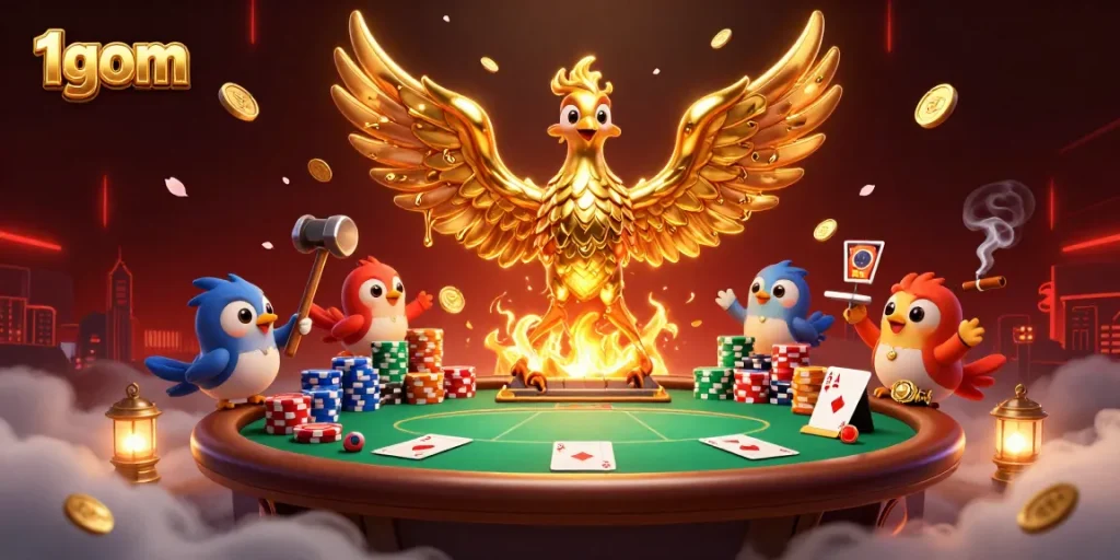 Experience 1gom's dynamic gaming scene with a phoenix and poker elements in 3D