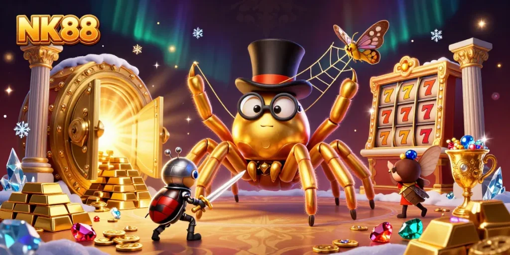 Experience thrilling adventures at NK88 casino with a golden tarantula, beetle knight, and fortune elements.