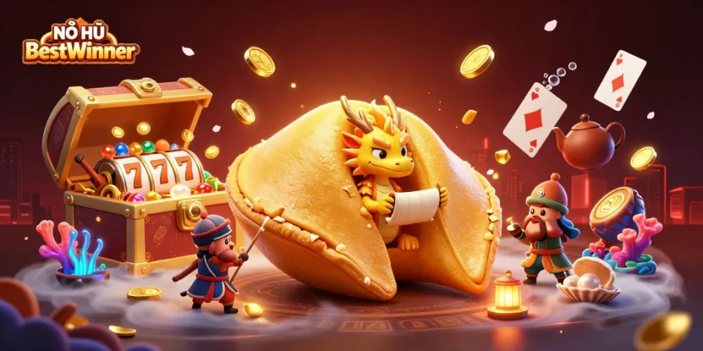 NỔ HŨ BestWinner showcases an enticing casino scene with dynamic slot elements and whimsical characters.