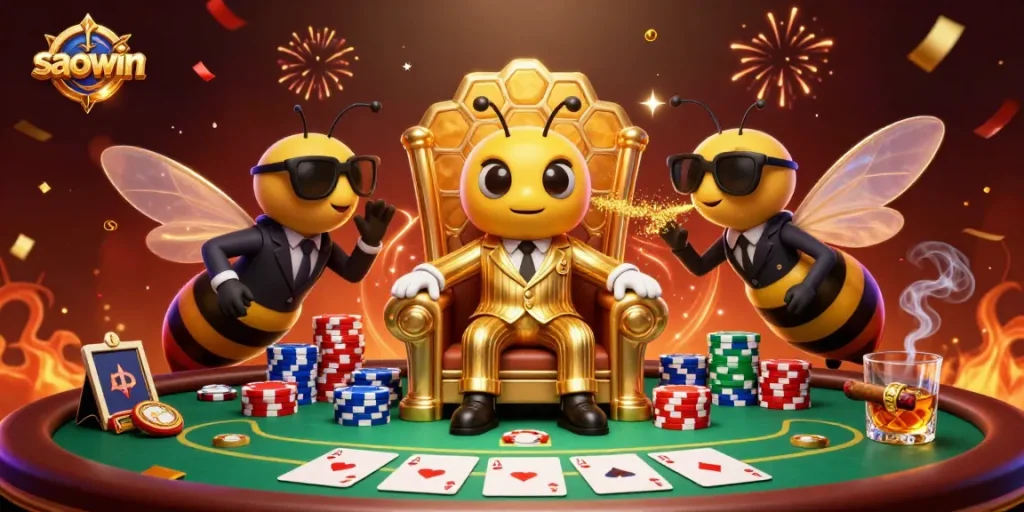 Experience saowin's thrilling casino atmosphere with a cartoon butterfly and bee characters at a lively poker table.
